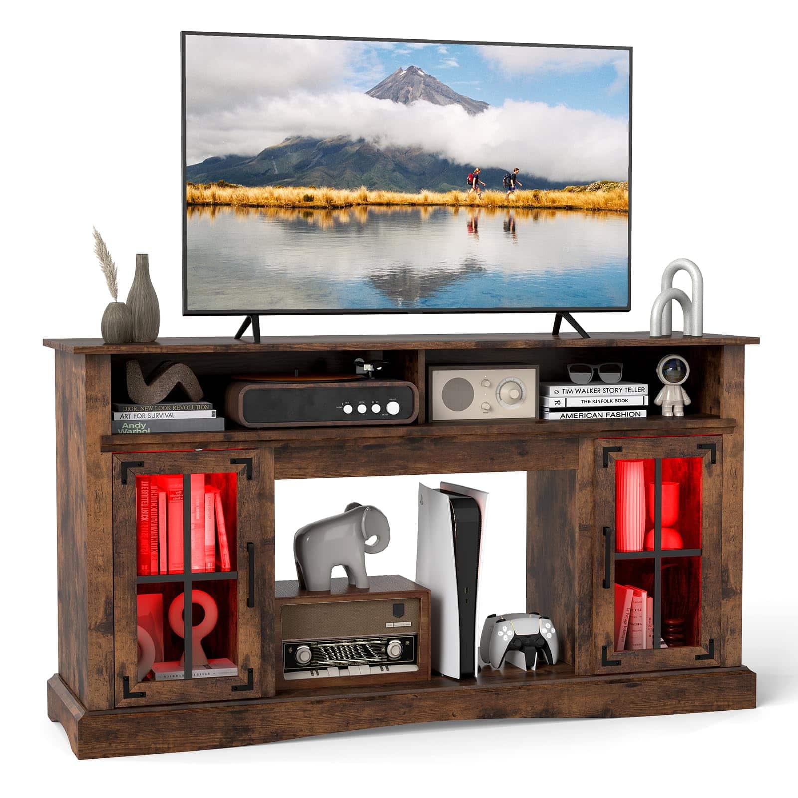Ecooso - TV Stand with LED Lighting and Remote Control for Home Media Rooms - Rustic Brown