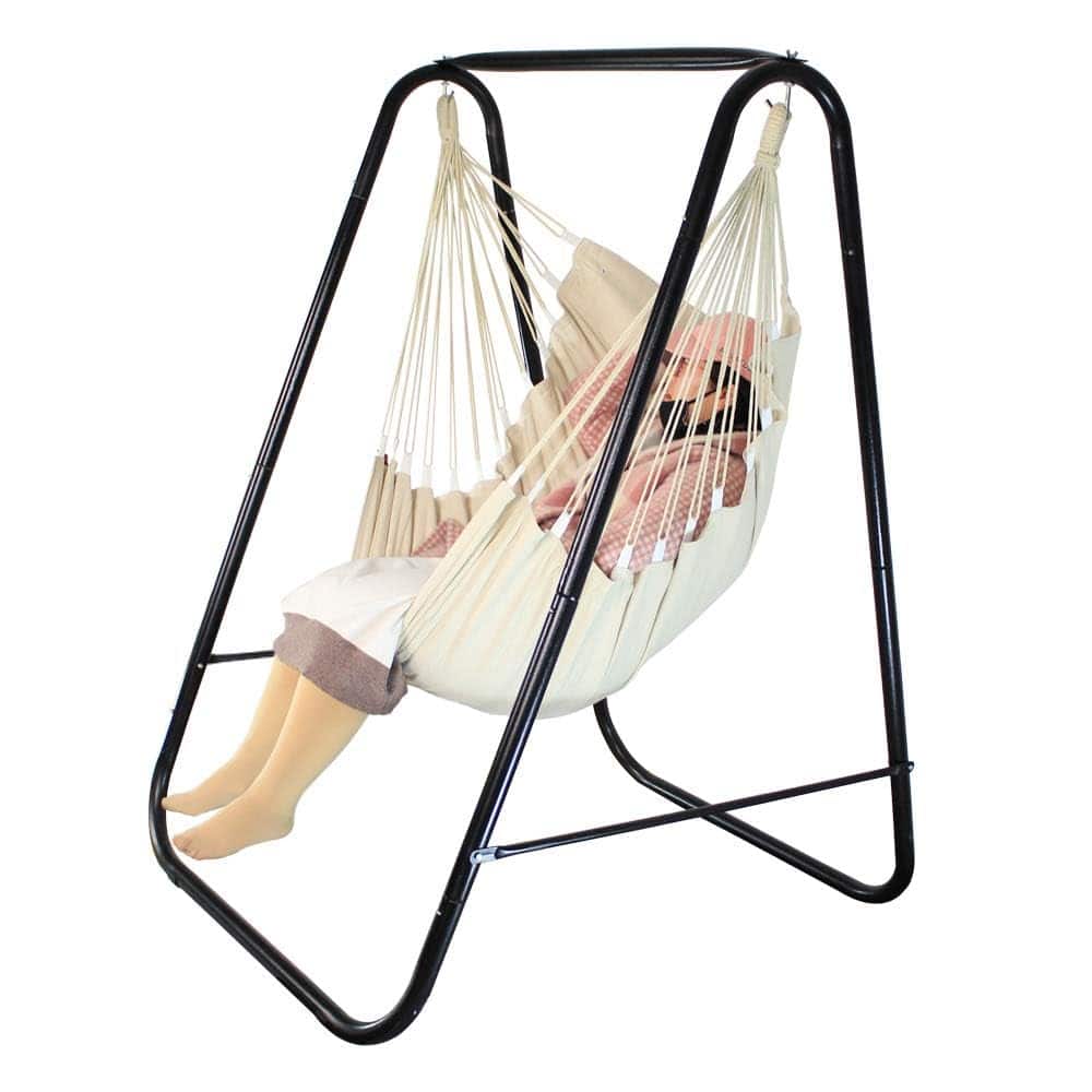 JETRANSPORT - Hammock Chair Stand With Large Hanging Padded Indoor Swing Easy To Assemble Sturdy Max Capacity Up 500 Lbs - White 1.6 meter black stand