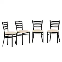 Emma + Oliver - 4 Pack Ladder Back Metal Restaurant Chair - Upholstered Seat - Tan Vinyl Seat/Black Metal Frame