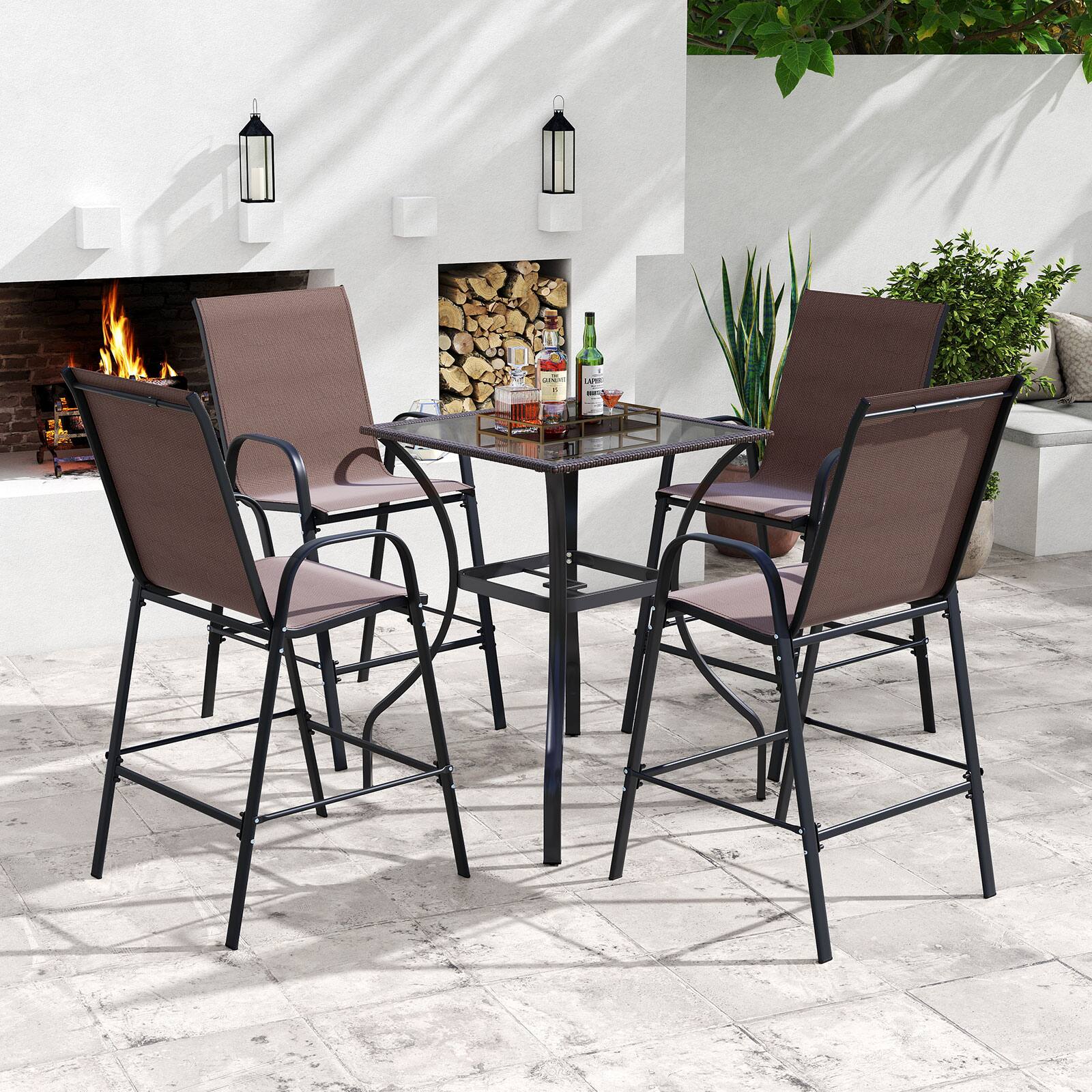Alt View 7. Gymax - Gymax 4PCS Outdoor Bar Stools 29'' Fabric Bar Height Stools w/ Armrests & Footrest Brown - Brown.