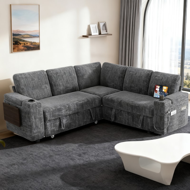 Vipbear - 85" Modular Sectional Sofa with Pull Out Bed,Chenille Fabric 5 Seat Sectional Sleeper Sofa with Storage,for Living Room - Dark Dray