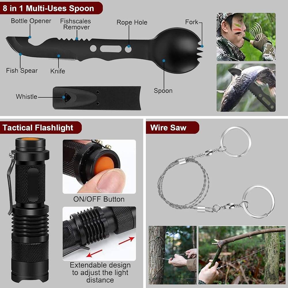 8 in 1 Multi-Uses Spoon

- Bottle Opener
- Fishscales Remover
- Rope Hole
- Fork
- Fish Spear
- Knife
- Whistle
- Spoon

Tactical Flashlight

- ON/OFF Button
- Extendable design to adjust the light distance

Wire Saw
