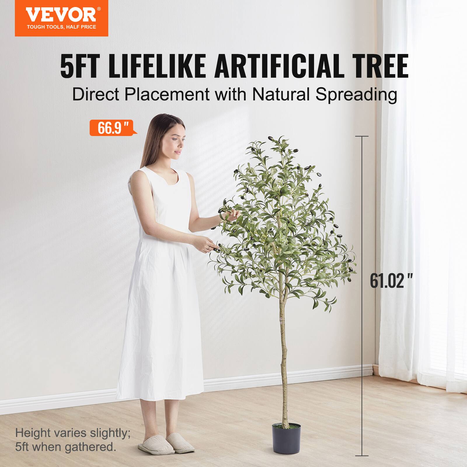 VEVOR TOUGH TOOLS, HALF PRICE

5FT LIFELIKE ARTIFICIAL TREE  
Direct Placement with Natural Spreading

66.9"  
61.02"

Height varies slightly; 5ft when gathered.