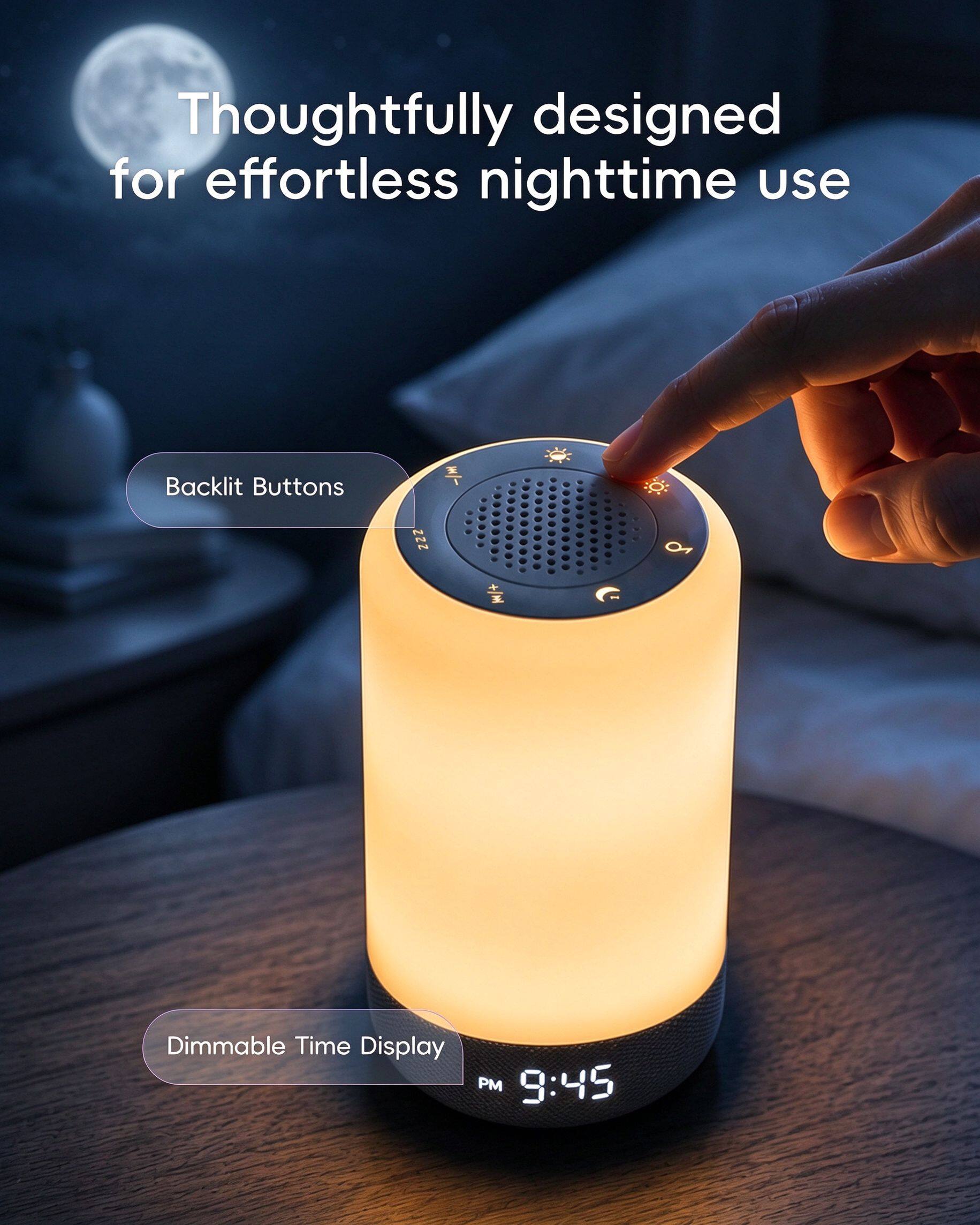 Thoughtfully designed for effortless nighttime use

Backlit Buttons

Dimmable Time Display PM 9:45