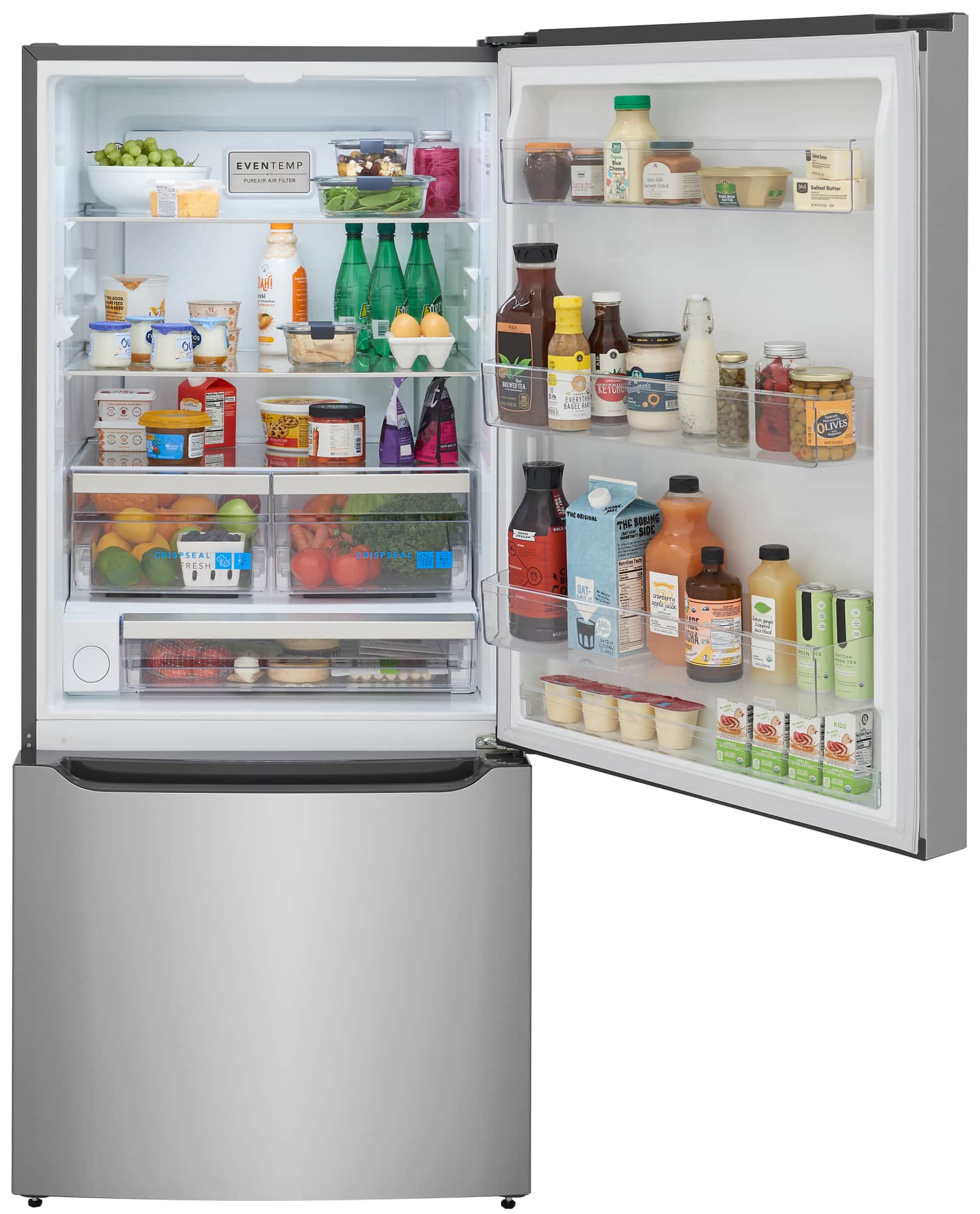 The refrigerator is stocked with a variety of food items, including fruits, vegetables, and beverages. There are several bottles of juice, milk, and other drinks, as well as a variety of fruits such as apples and oranges. The refrigerator also contains a number of condiments and other food items, making it a well-stocked and diverse selection of food.