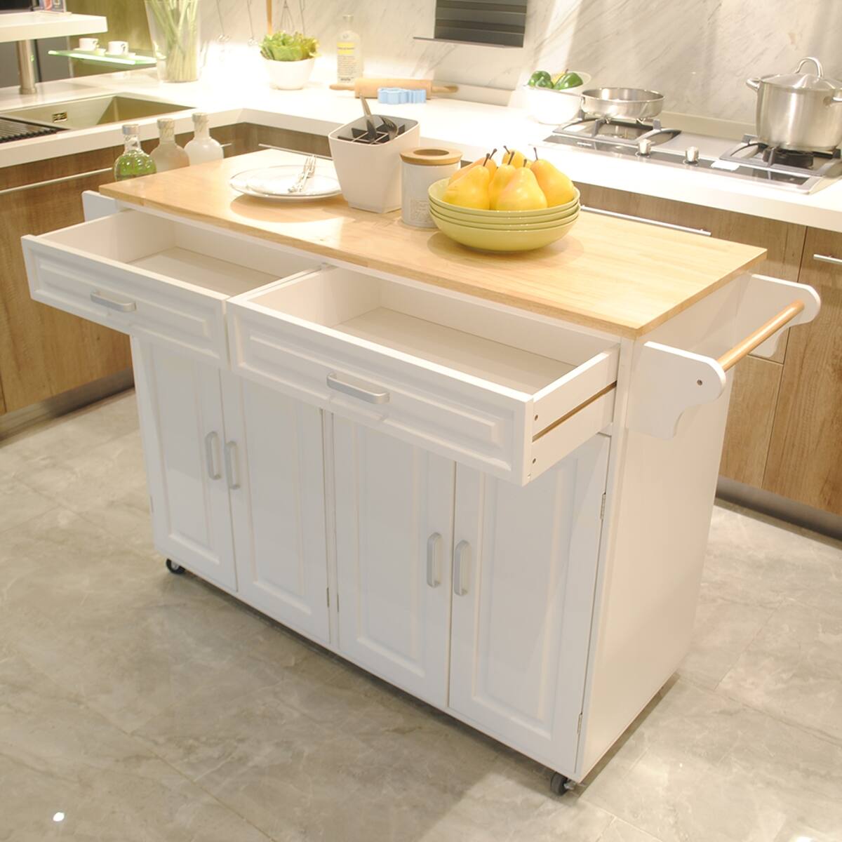 Alt View 1. Loheer - Loheer Rolling Kitchen Island Cart Mobile Kitchen Trolley with Storage Cabinets White - White.
