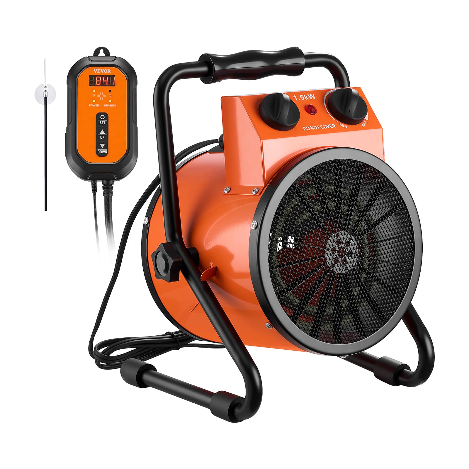 VEVOR - Greenhouse Heater, 1500W Electric Space Heater with Thermostat, Heating Tube Element, 25° Adjustable Angle - Black;Orange