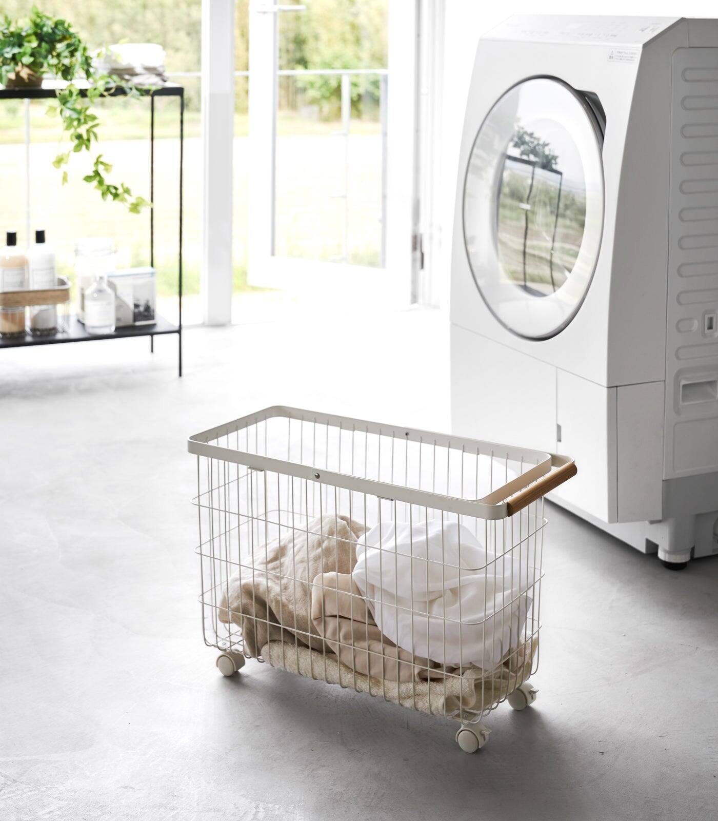 Alt View 1. Yamazaki Home - Rolling Wire Basket (15" H)  - Steel + Wood - White.