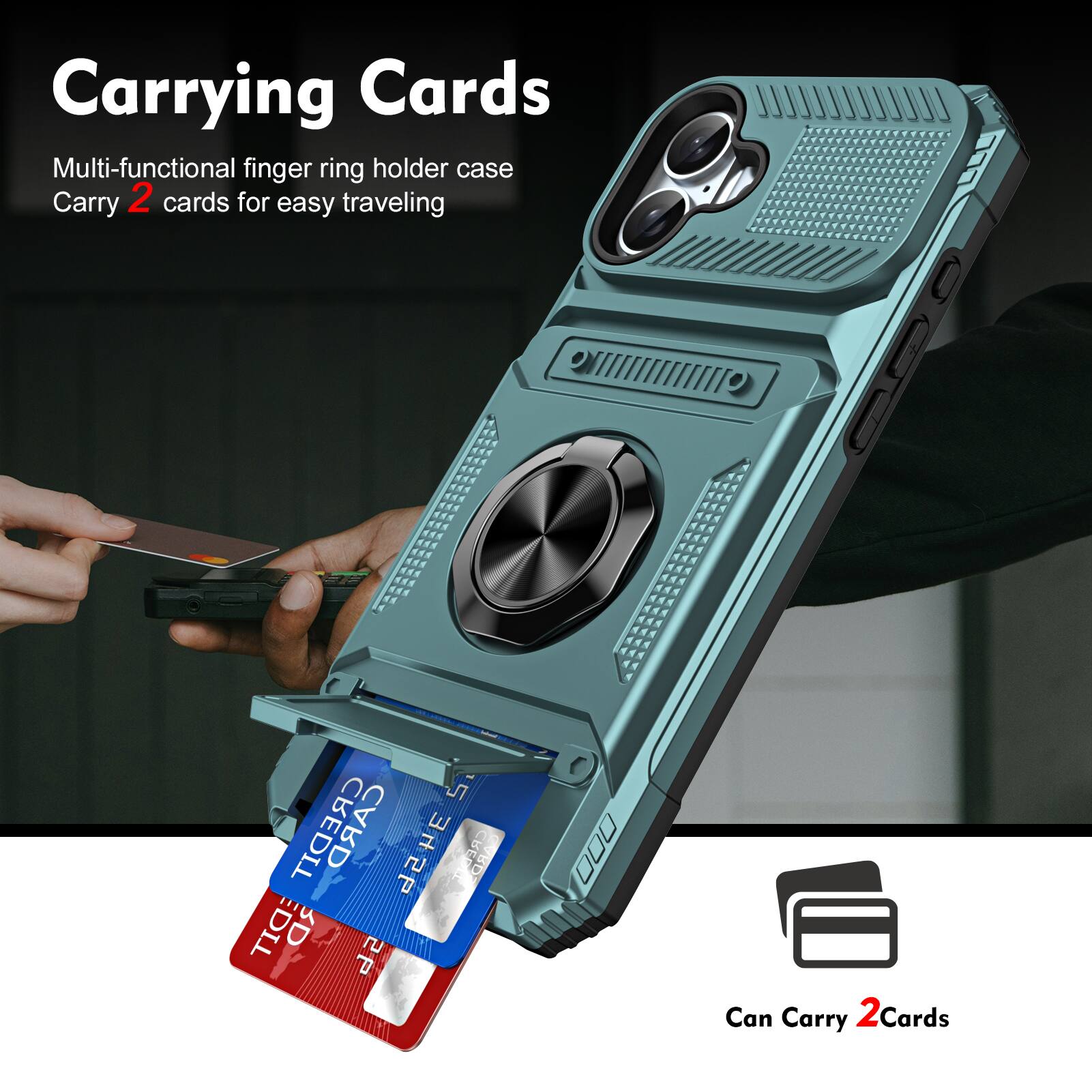 Carrying Cards

Multi-functional finger ring holder case
Carry 2 cards for easy traveling

Can Carry 2 Cards