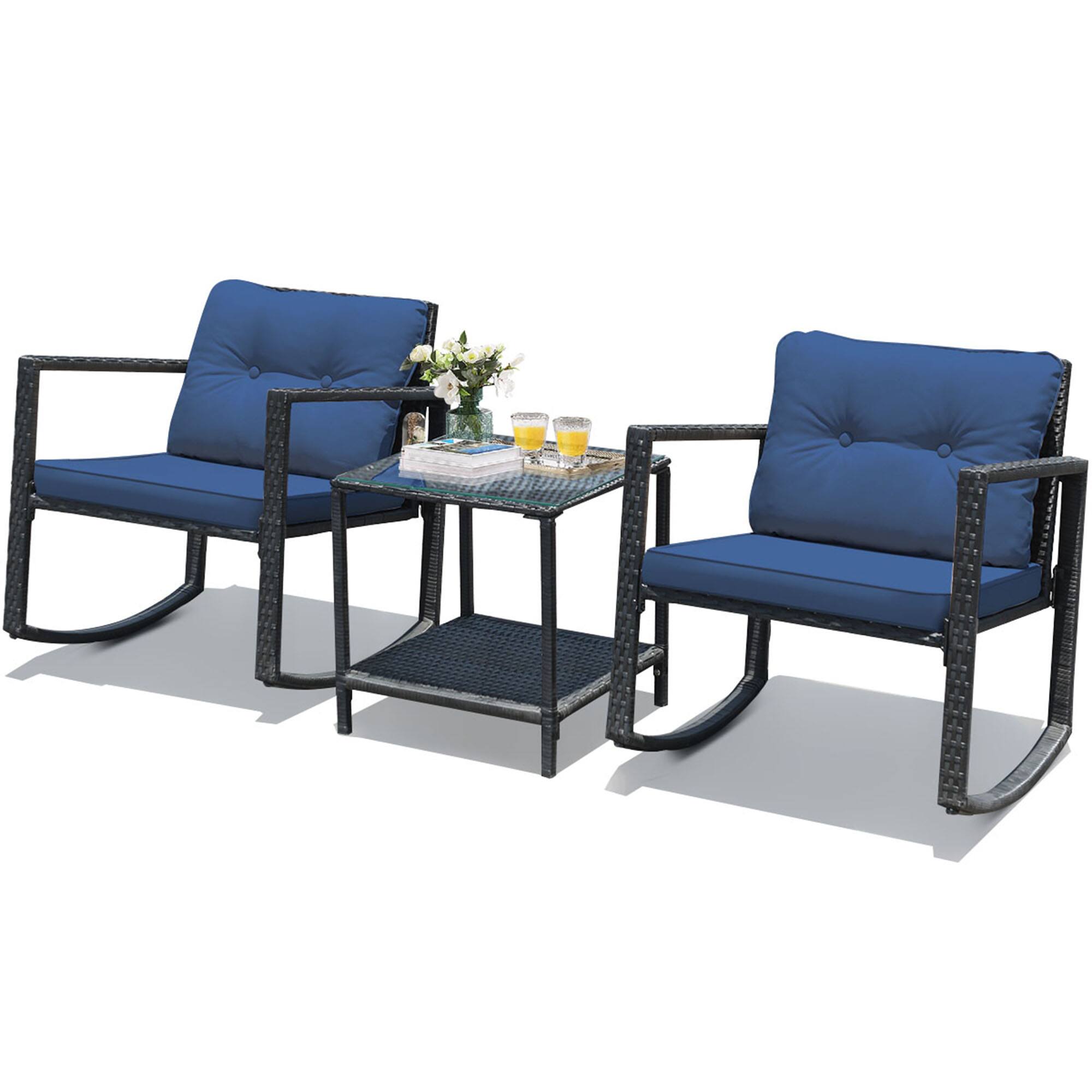 Alt View 8. Gymax - Gymax 3PCS Rattan Rocking Chair Table Set Patio Furniture Set w/ Navy Cushions - Navy.
