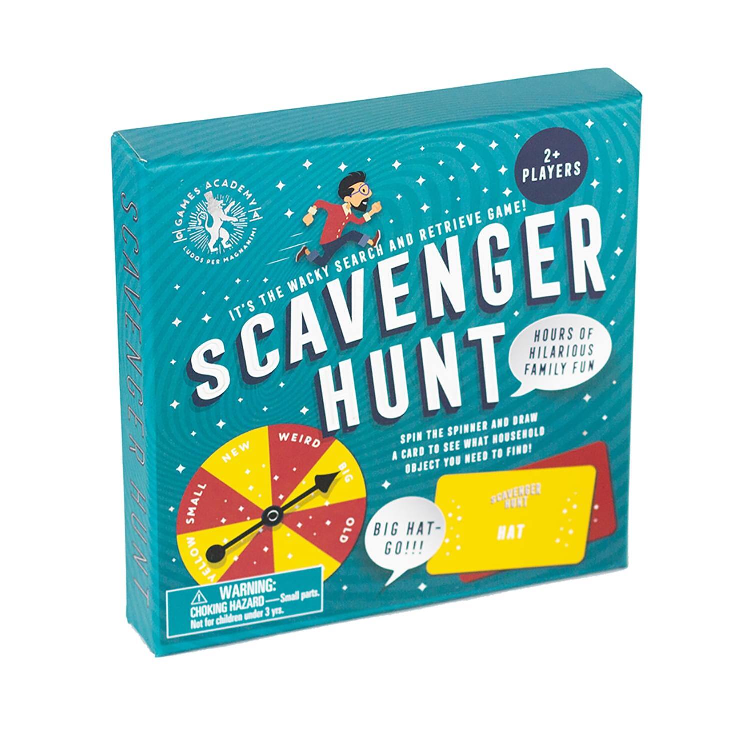 2+ Players Game! AcademyNY Retrieve Game! It's the Wacky Search and Retrieve Game! Hours of Hilarious Family Fun! Spin the Spinner and Draw a Card to See What Household Object You Need to Find! New Weird Hunt! Big Hat - Go!!! Warning: Choking Hazard - Small parts. Not for children under 3 years.
