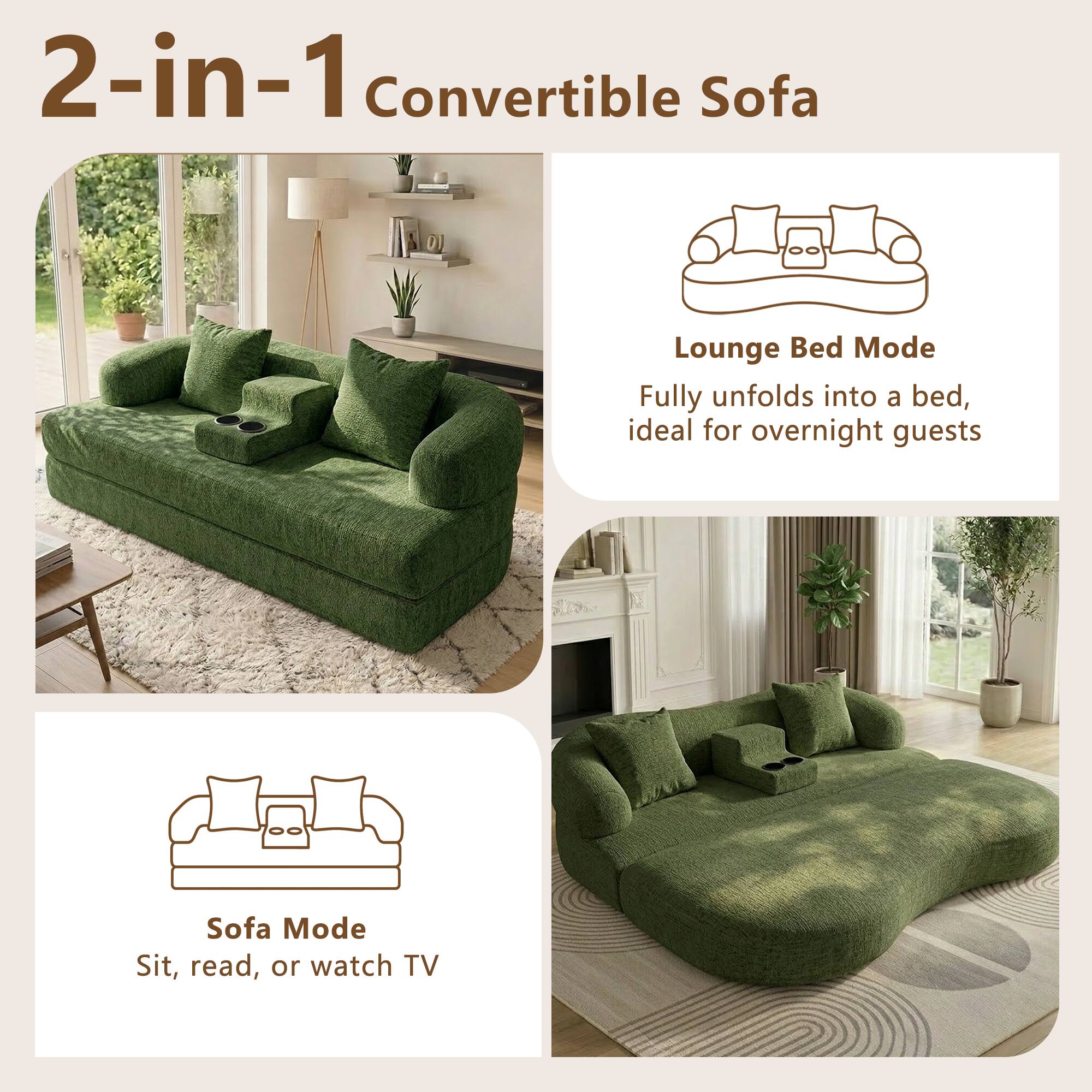 2-in-1 Convertible Sofa

Lounge Bed Mode
Fully unfolds into a bed, ideal for overnight guests

Sofa Mode
Sit, read, or watch TV