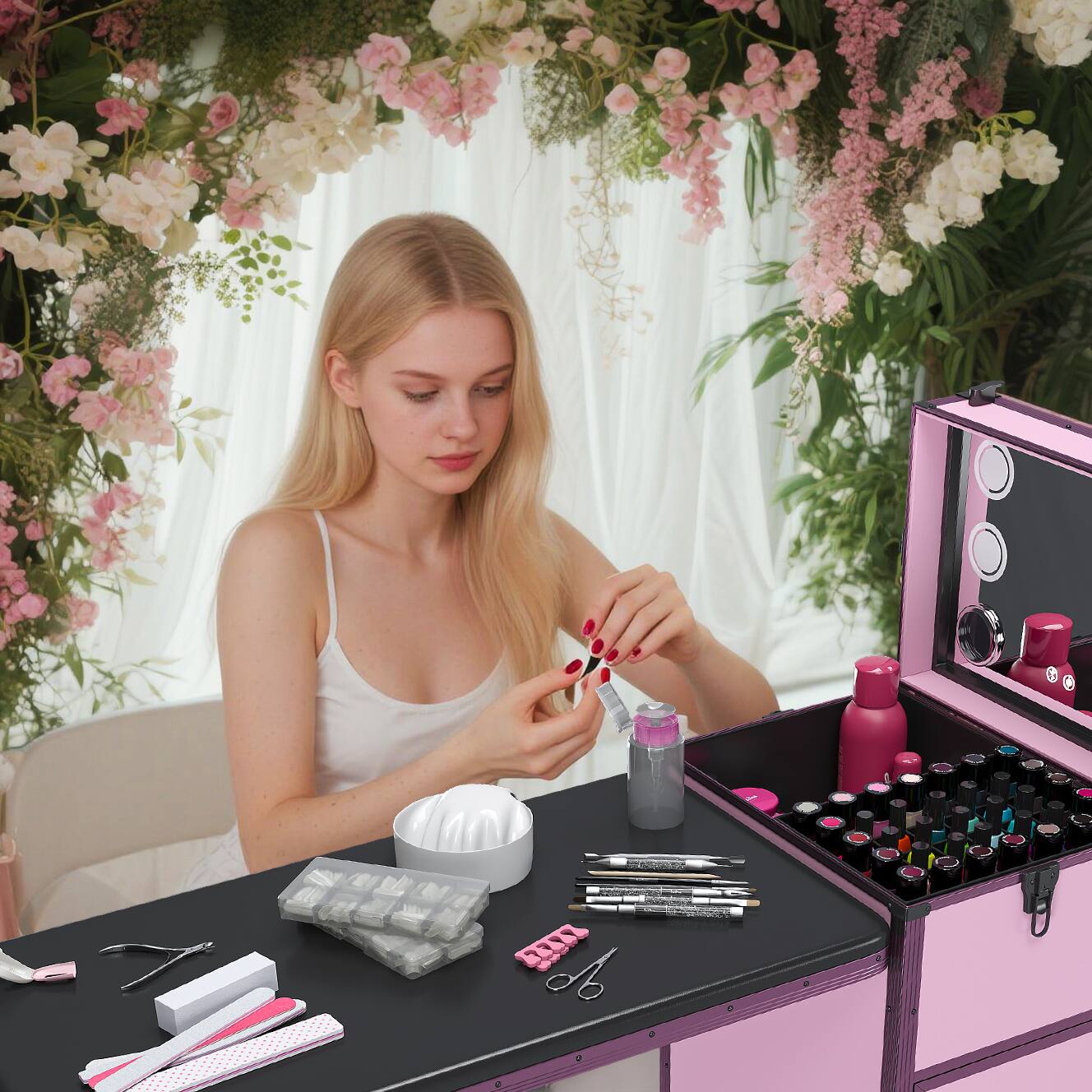 Alt View 1. TinyHomie - Portable Nail Art Table w LED Mirror Bluetooth Lockable Drawers Telescopic Pole Folding Manicure Station for Salons Pink.