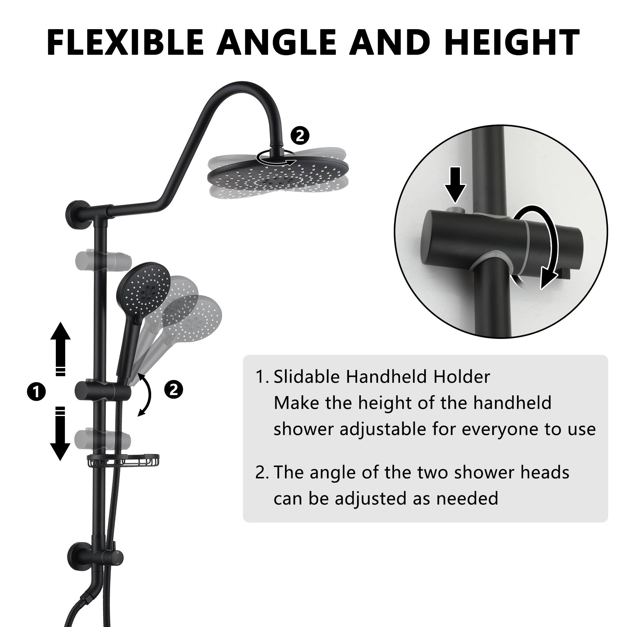 FLEXIBLE ANGLE AND HEIGHT

1. Slidable Handheld Holder
Make the height of the handheld shower adjustable for everyone to use

2. The angle of the two shower heads can be adjusted as needed