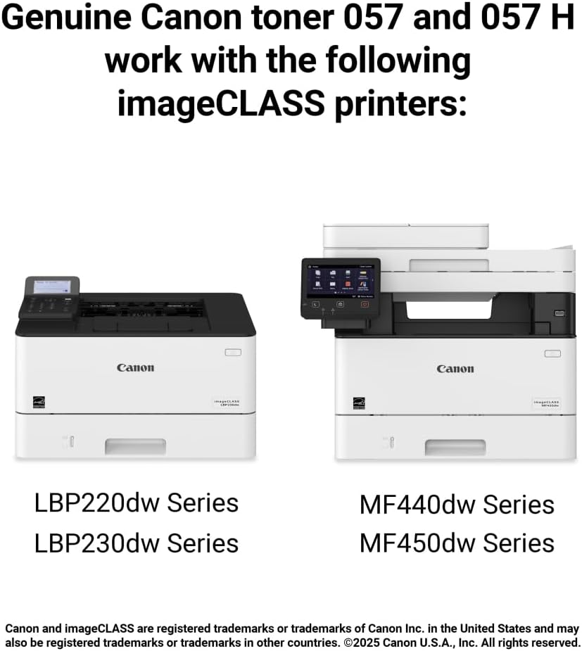 Genuine Canon toner 057 and 057 H work with the following imageCLASS printers:

- LBP220dw Series
- LBP230dw Series
- MF440dw Series
- MF450dw Series

Canon and imageCLASS are registered trademarks or trademarks of Canon Inc. in the United States and may also be registered trademarks or trademarks in other countries. ©2025 Canon U.S.A., Inc. All rights reserved.