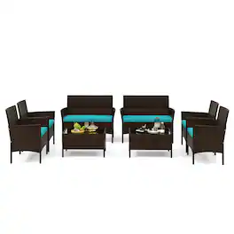 Gymax - 8 Piece Patio Rattan Conversation Set Wicker Furniture Set w/ Chair Loveseat Outdoor - Mix Brown, Turquoise