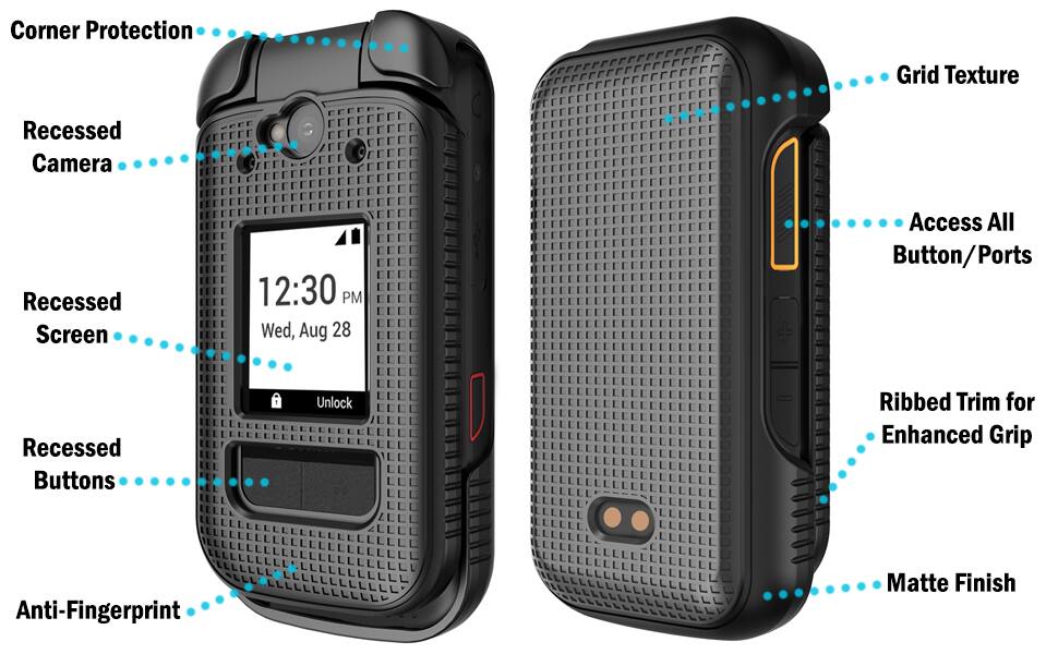 Corner Protection  
Grid Texture  
Recessed Camera  
Recessed Screen  
12:30 PM Wed, Aug 28  
Access All Button/Ports  
Recessed Buttons  
Unlock  
Ribbed Trim for Enhanced Grip  
Anti-Fingerprint  
Matte Finish