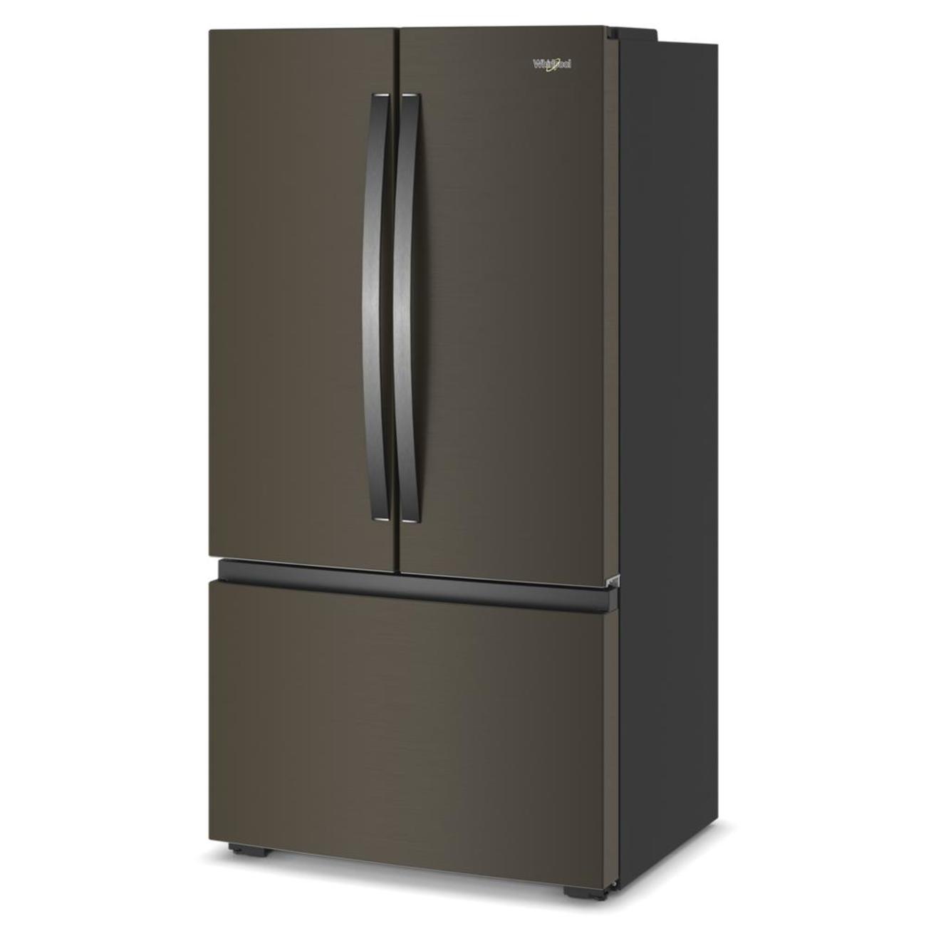 Left. Whirlpool - 36 in. Wide 24 cu. ft. 3-Door French Door Counter Depth Refrigerator - Black Stainless Finish.