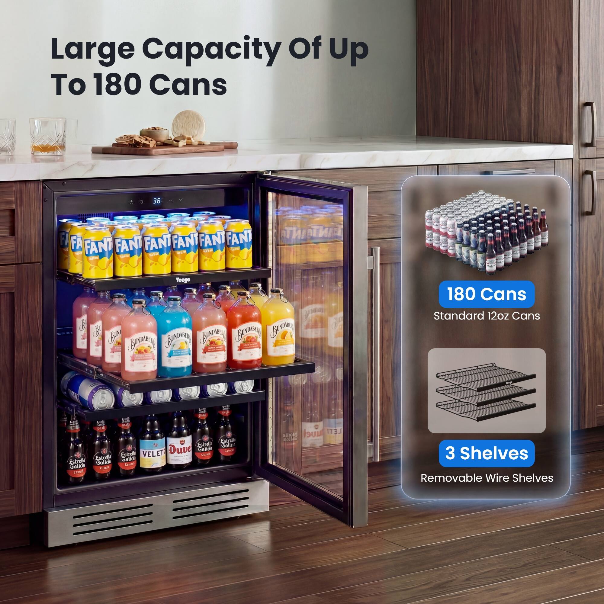 Large Capacity Of Up To 180 Cans

180 Cans
Standard 12oz Cans

3 Shelves
Removable Wire Shelves