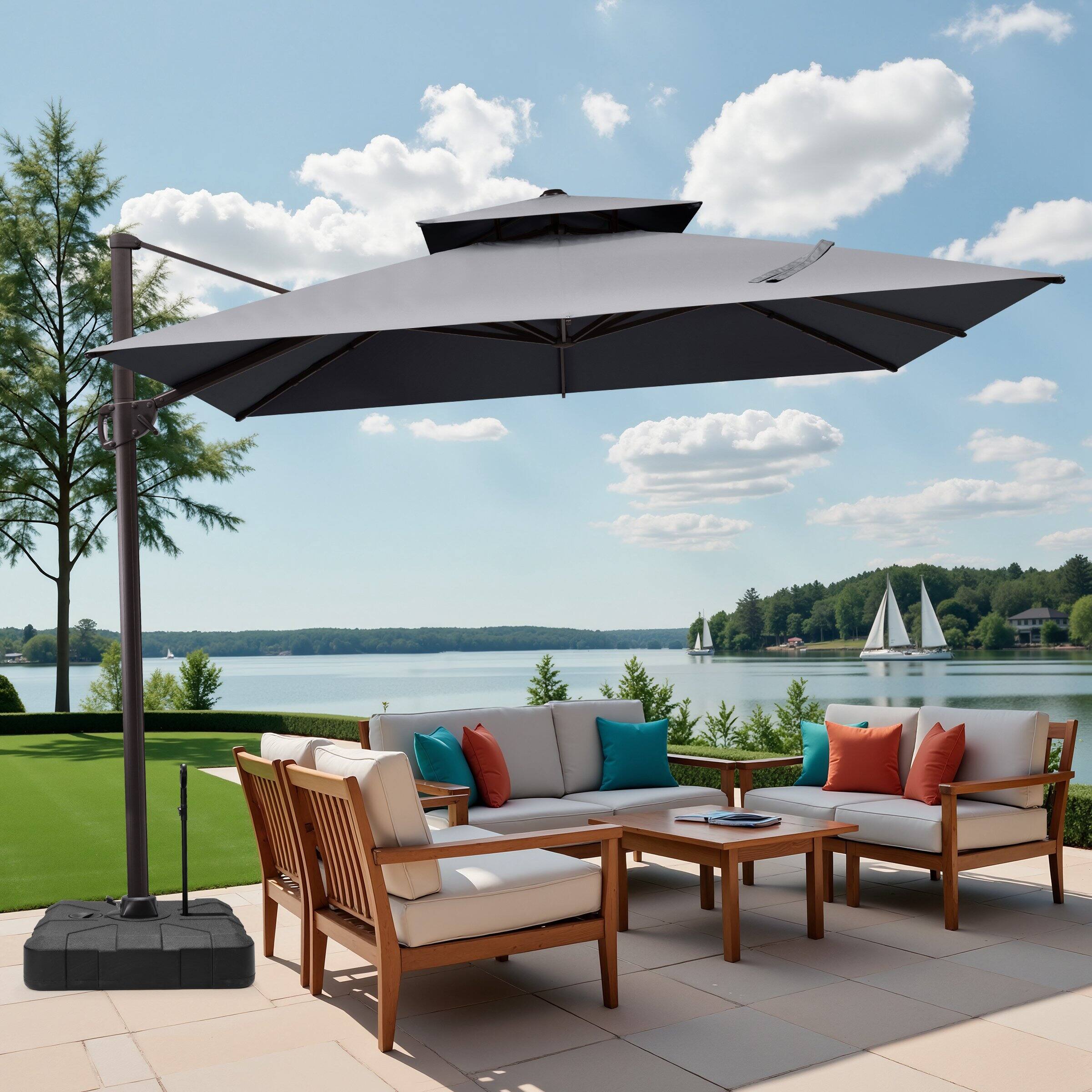 Back. Crestlive Products - Crestlive Products 9x11ft Aluminum Double Top Crank Cantilever Patio Umbrella with Base - Dark gray.