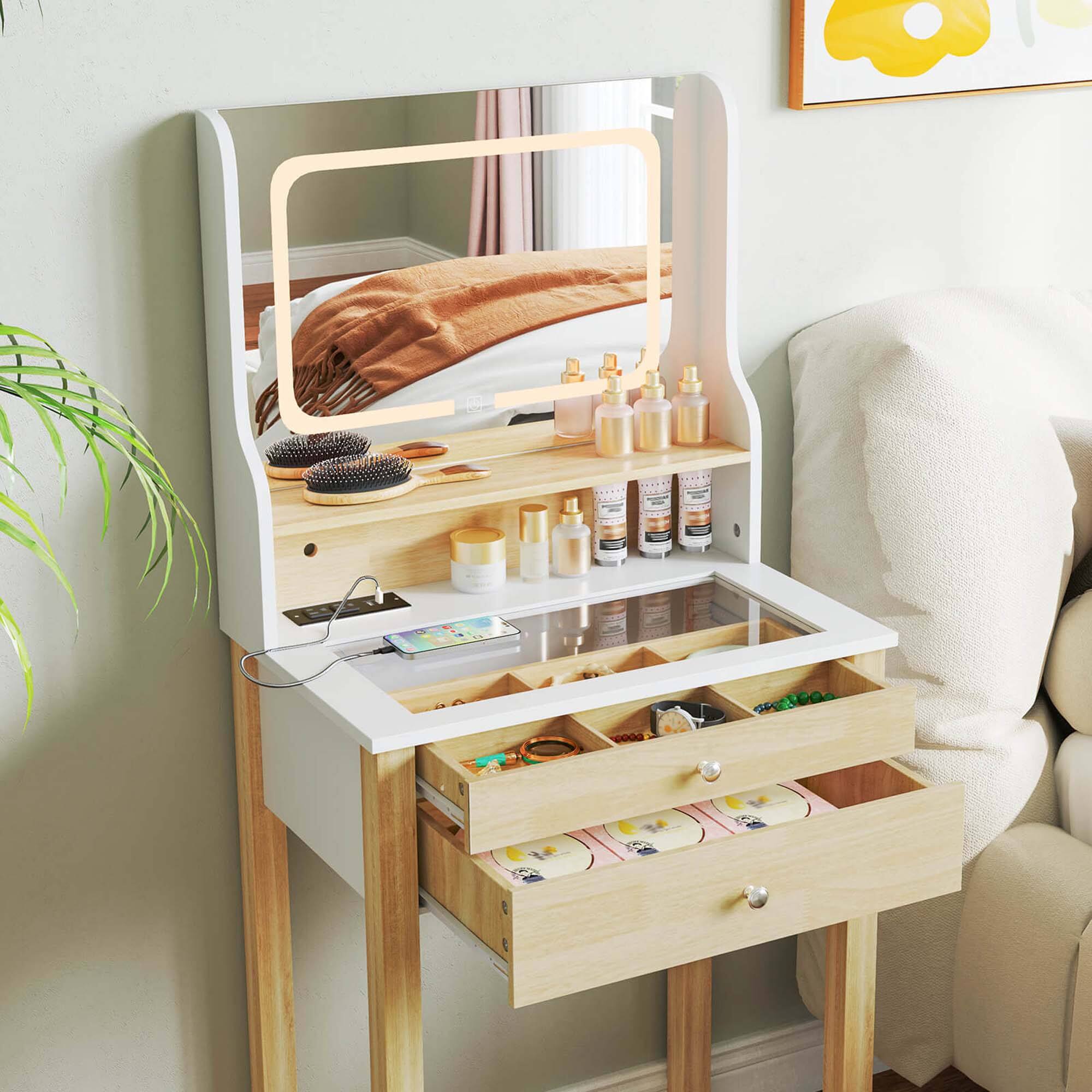 Alt View 5. Costway - Costway Small Vanity Desk Set with Adjustable LED Lighted Mirror and Power Outlets White - White.