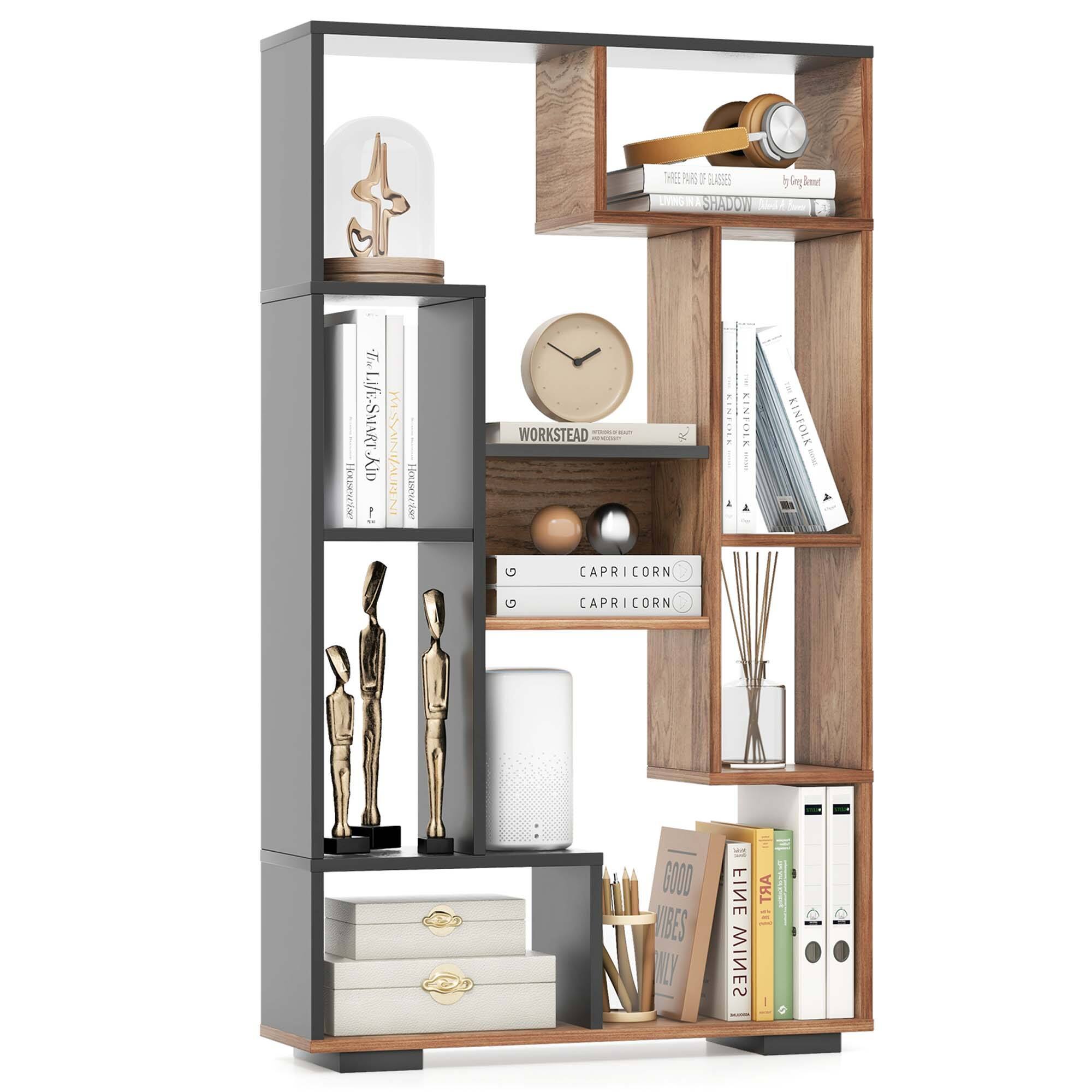 Costway - 47-Inch Tall Bookshelf Modern Geometric Bookcase with Open Shelves for Home&Natural - Black&Natural