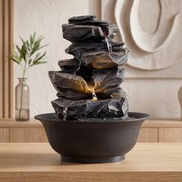 Costway - Tabletop Water Fountain with LED Light, Pump & Adjustable Flow for Home Office - Black