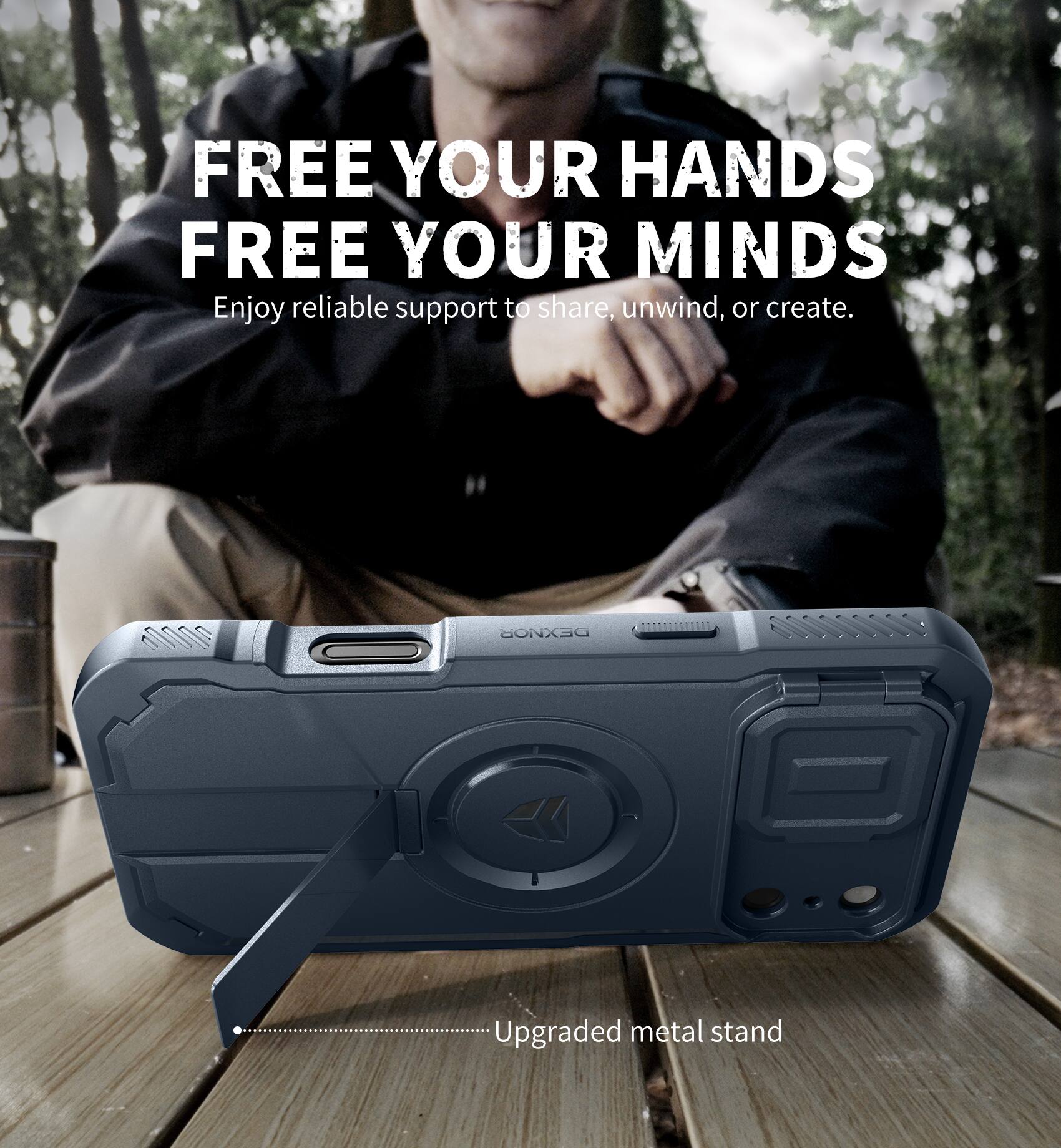 FREE YOUR HANDS  
FREE YOUR MINDS  
Enjoy reliable support to share, unwind, or create.  

Upgraded metal stand