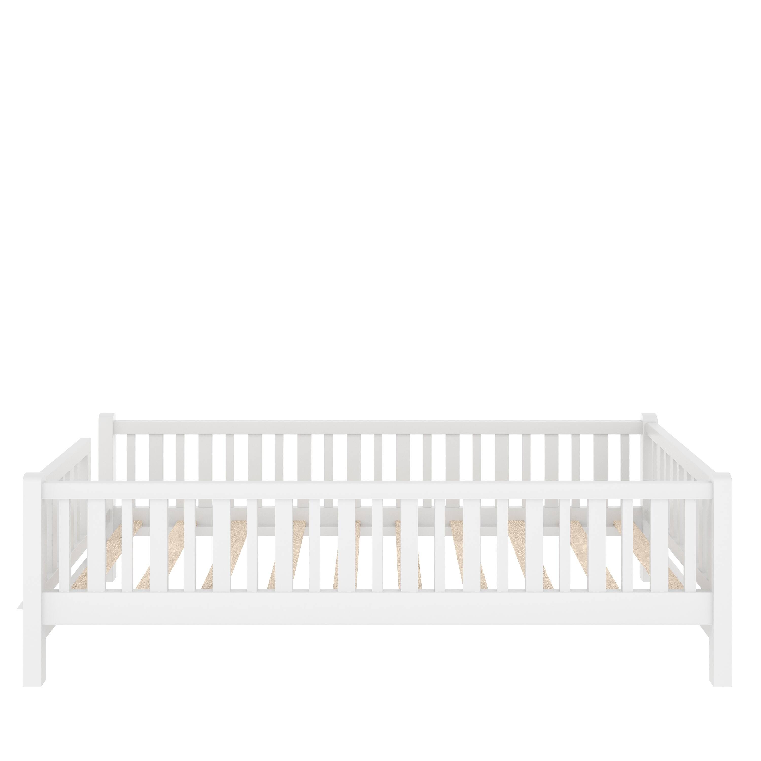 Alt View 2. Whisen - Twin Size Wood Platform Bed with Full-Surrounding Guardrails, Sturdy Kids' Bed Frame - White.