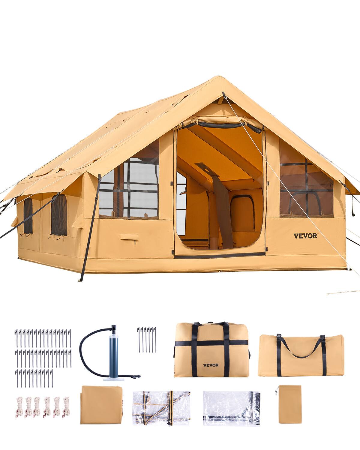 VEVOR - Inflatable Tents for Camping, 5-8 Person Easy Setup Blow up Tent with Hand Pump, Luxury Glamping Tent with 2 Skylights - Yellow