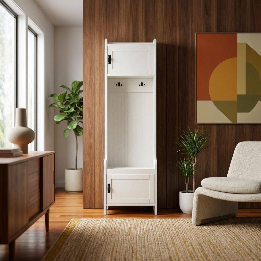 Left. FurniFact - White Narrow Hall Tree - Distressed White.