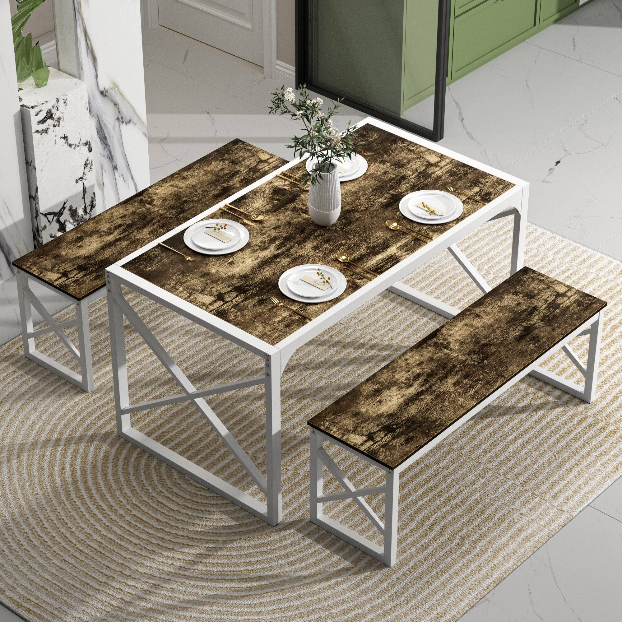 Alt View 2. Vecelo - Dining Set: 55" Table & 2 Benches - Space Saving Design, Easy Assembly, Metal Frame, 4-Person Family Dining - Dark Brown.