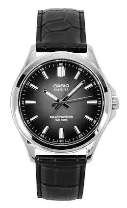 Casio - Standard Analog Leather Strap Black Dial Solar MTS-RS100L-1AV Men's Watch - Silver/Black