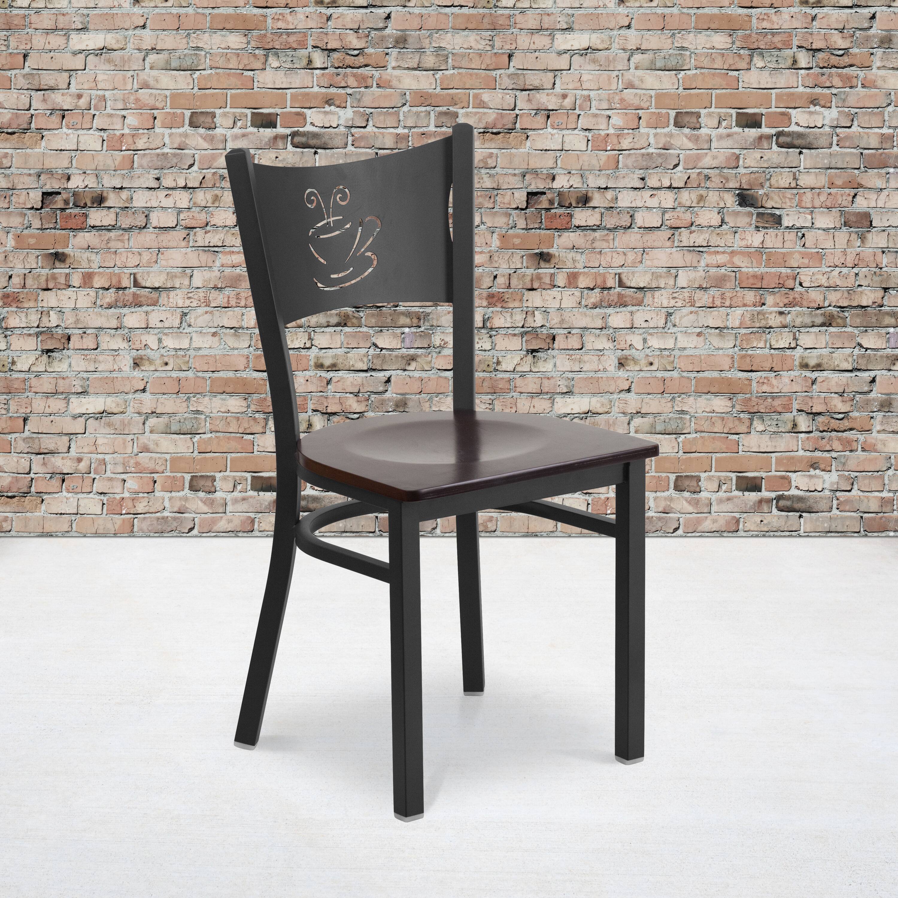 Alt View 1. Emma + Oliver - Coffee Back Metal Restaurant Dining Chair - Walnut Wood Seat/Black Metal Frame.