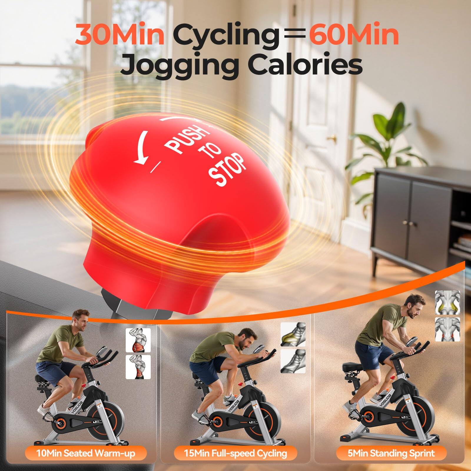 30Min Cycling = 60Min Jogging Calories

10Min Seated Warm-up  
15Min Full-speed Cycling  
5Min Standing Sprint