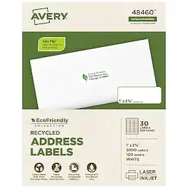 Avery - EcoFriendly Laser/Inkjet Address Labels, 1" x 2-5/8", 3000 Labels/Box - Matte White