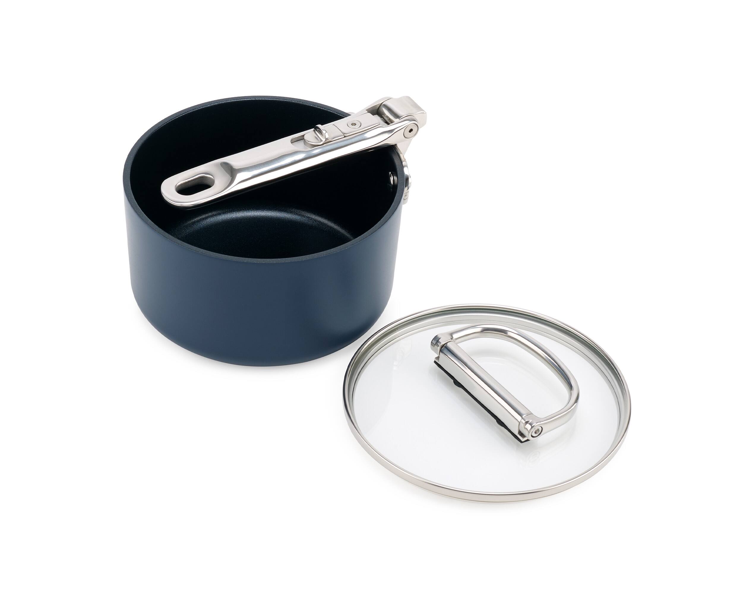 Alt View 1. Joseph Joseph - Space Ceramic Non-stick 1.4 Qt. Saucepan with Folding Handle and Lid - Blue.