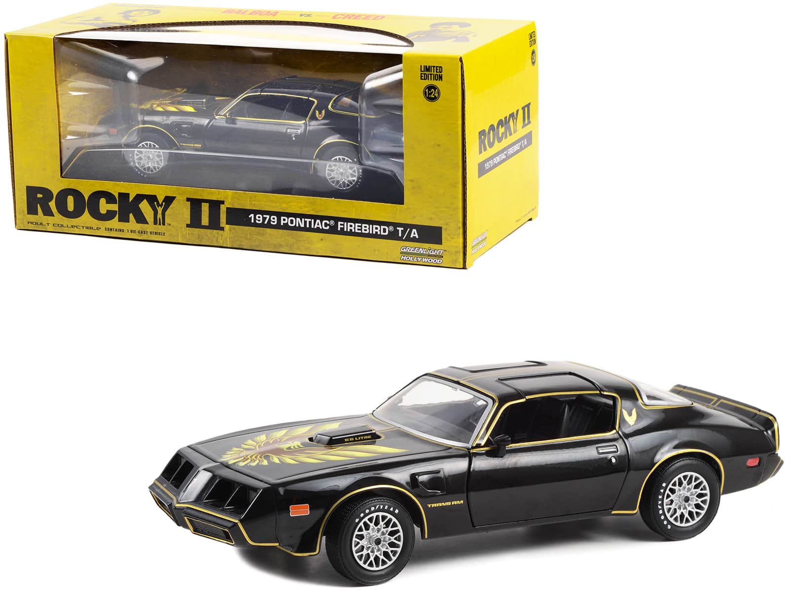 "1979 Pontiac Firebird T/A Trans Am Black with Hood Phoenix ""Rocky II"" (1979) Movie 1/24 Diecast Model Car by Greenlight" price history on PriceWatchPro