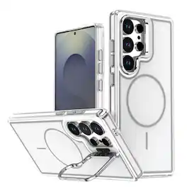 Dteck - Magnetic Case for Samsung Galaxy S24 Ultra with Integrated Lens Kickstand, Shockproof Slim Hybrid Protective Cover - White
