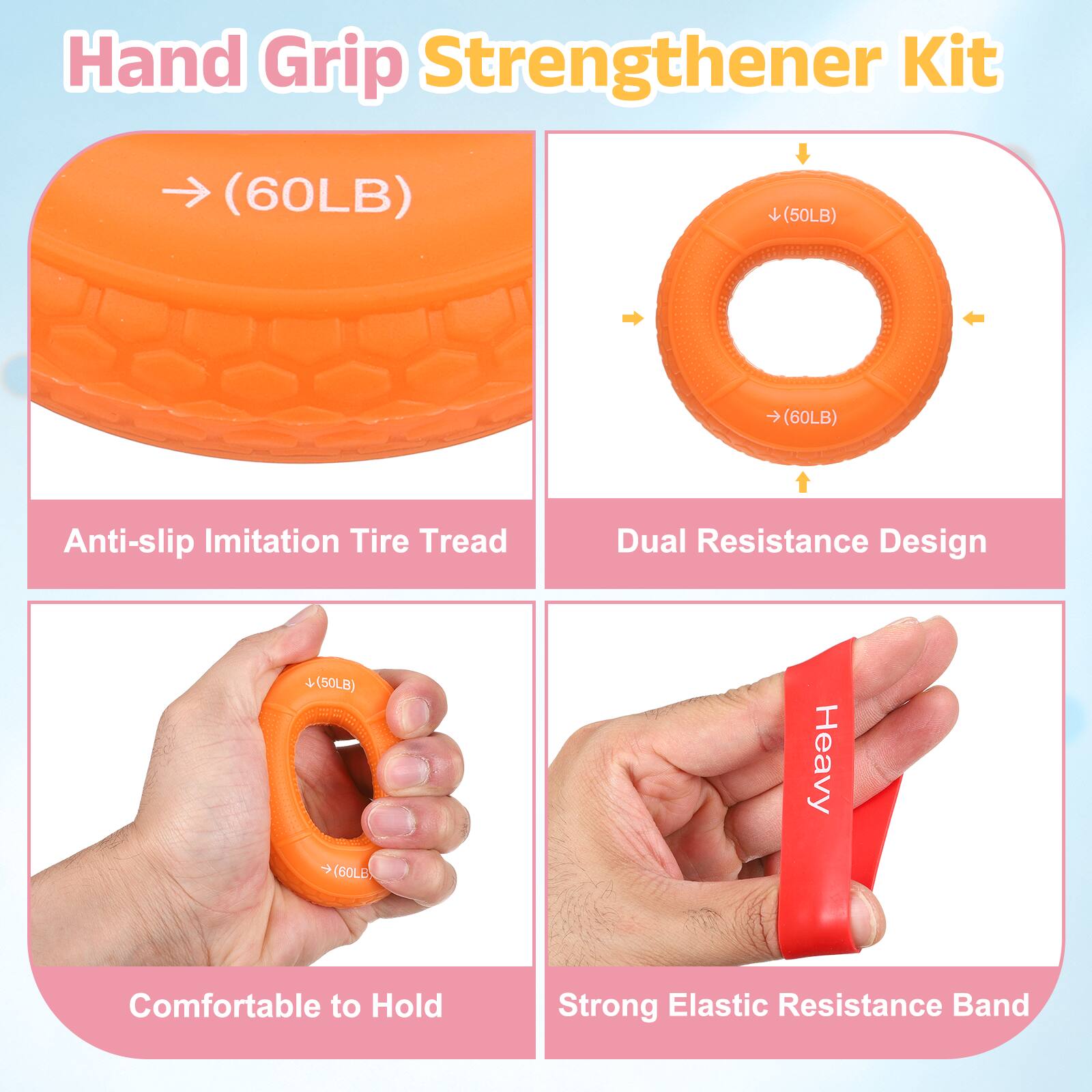 Hand Grip Strengthener Kit (60LB) (50LB) Anti-slip Imitation Tire Tread Dual Resistance Design (50LB) + (60LB) Heavy Comfortable to Hold Strong Elastic Resistance Band