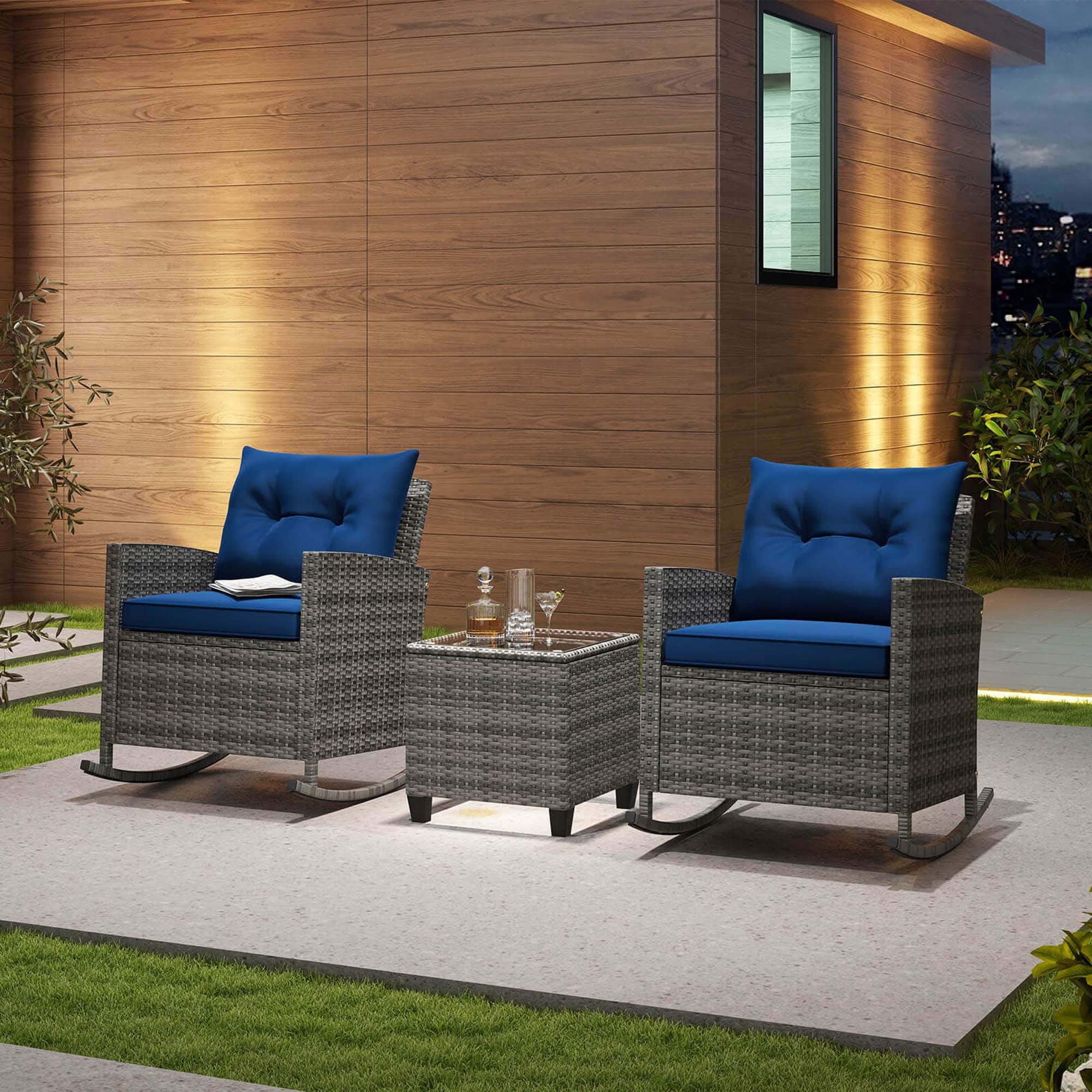 Alt View 4. Costway - 3 PCS Patio Wicker Rocking Set with Tempered Glass Table & Soft Cushions Outdoor - Navy.