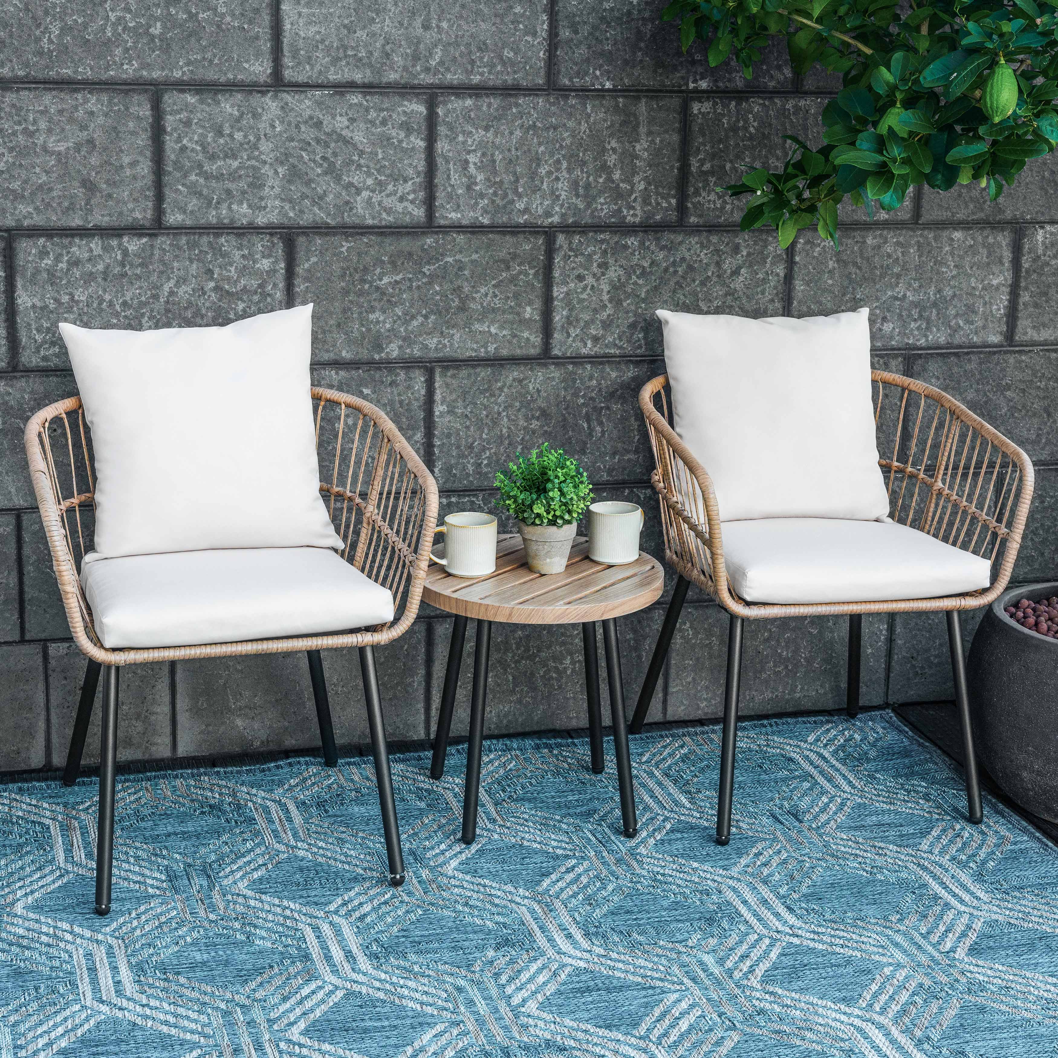 Back. Nuu Garden - 3-Piece Metal and PE Wicker Patio Bistro Set with Soft Cushions - Beige.