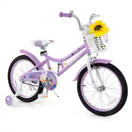 Costway - 18" Girl Bike with Basket Detachable Training Wheels Adjustable Seat Handbrake Coaster Brake - Purple