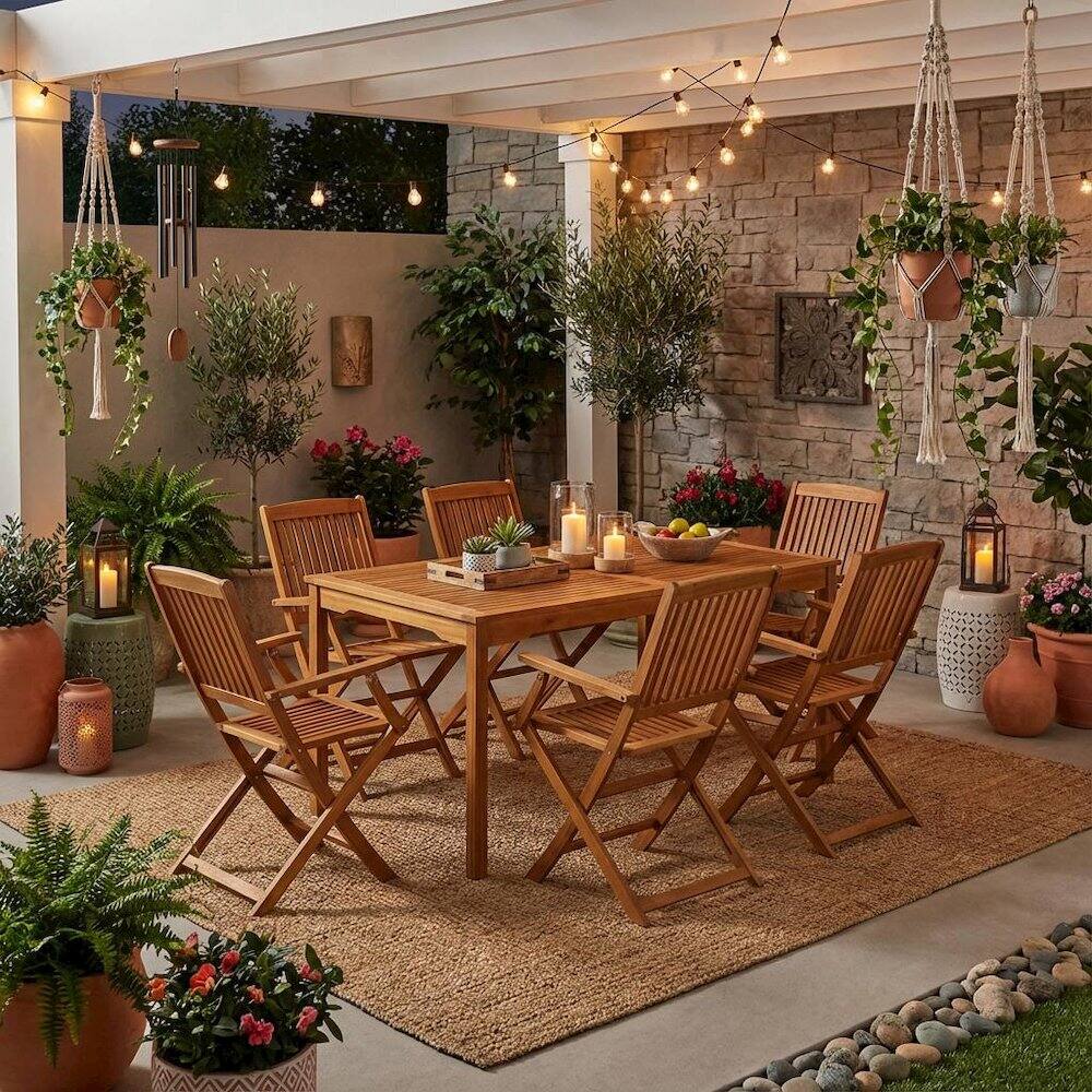 Alt View 3. Outdoor Escape - Oil Finish Wooden Patio Dining Table Set with 6 Outdoor Chairs - Brown.