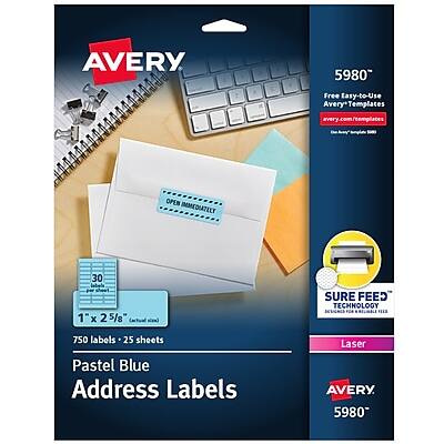 AVERY  
5980  
Free Easy-to-Use Avery Templates  
avery.com/templates  

OPEN IMMEDIATELY  

30  
1" x 2 5/8"  
External mail  
750 labels  
25 sheets  

Pastel Blue  
Address Labels  

SURE FEED  
TECHNOLOGY  
BETTER FEEDING  
BETTER PRINTING  

Laser  

AVERY  
5980