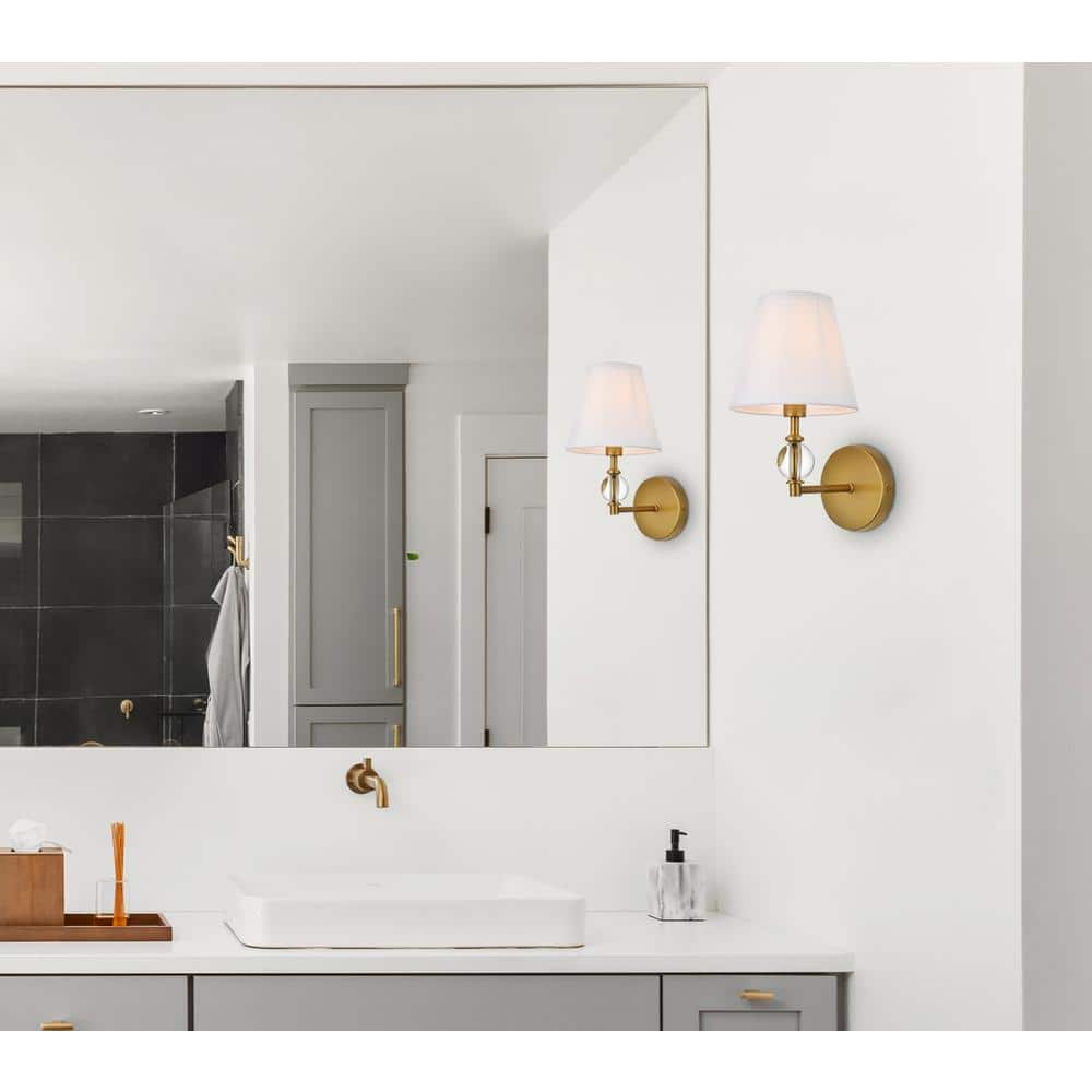 Living District - Bethany 1 light bath sconce in brass with white fabric shade - Brass And White Fabric Shade