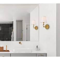 Front. Living District - Bethany 1 light bath sconce in brass with white fabric shade - Brass And White Fabric Shade.