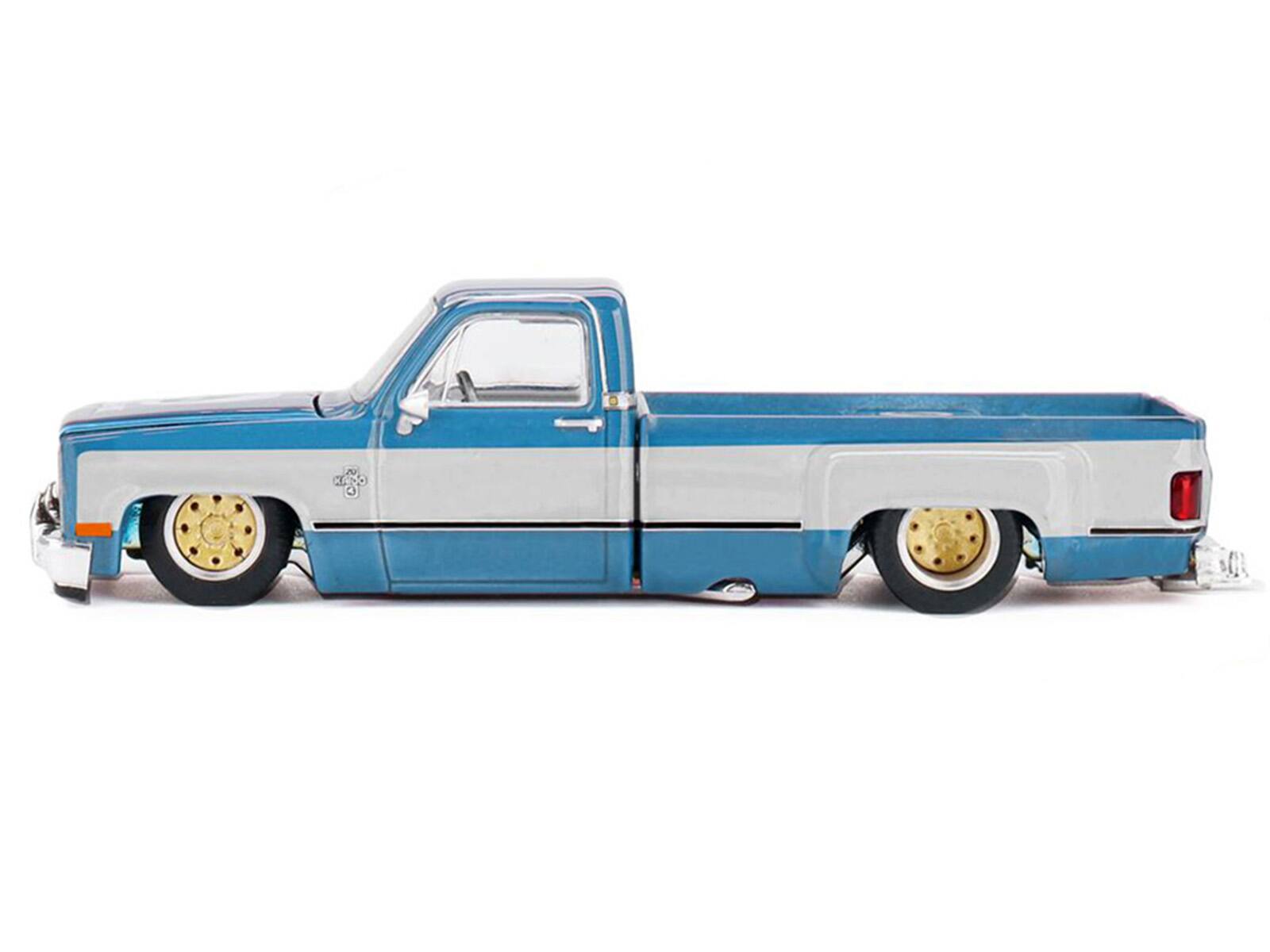 Alt View 2. True Scale Miniatures - Chevrolet Silverado Dually Truck "Vintage Spec V1" Light Blue Met w/White Sides and Interior 1/64 Model Car by Mini GT.