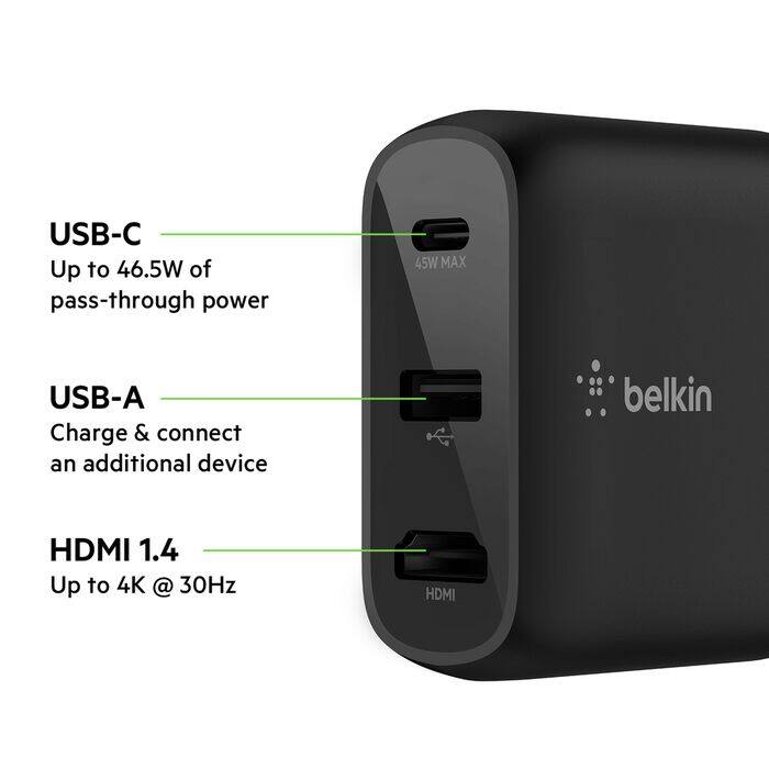 USB-C  
Up to 46.5W of pass-through power  

USB-A  
Charge & connect an additional device  

HDMI 1.4  
Up to 4K @ 30Hz