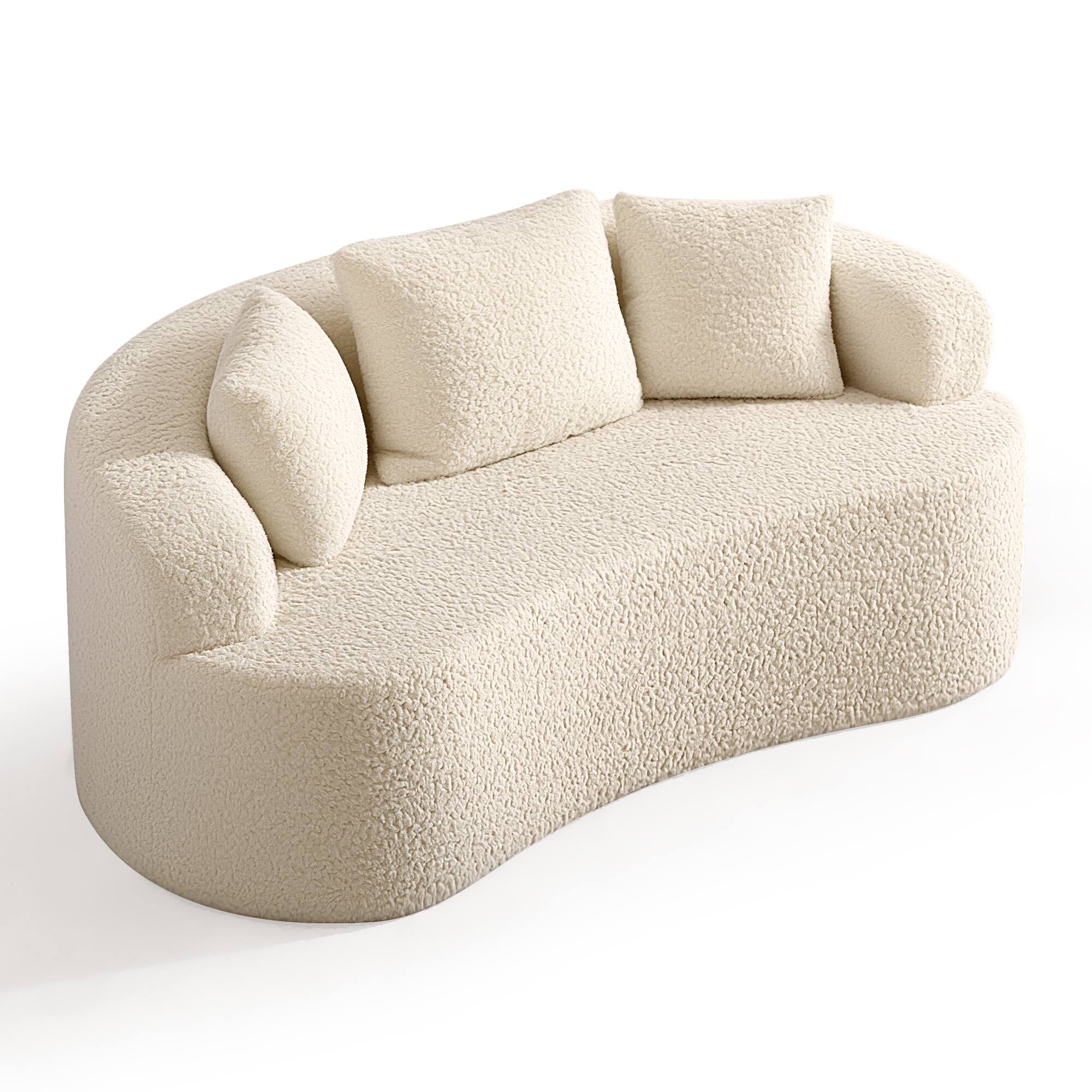 Left. Brick Attic - 65'' Luxury Modern Curved Sofa with 3 Pillows- Teddy Fabric Curved Back Couch for Small Living Rooms Apartments Office - Beige.